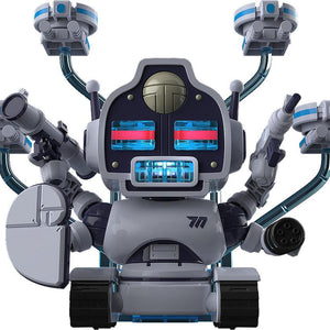 Front view of the Avant-Garde-kun model kit from Blue Archive featuring a robotic design with four mounted drones and glowing blue eyes.