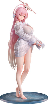 Front-left angle view of the Blue Archive Hanako Swimsuit Memorial Lobby 1/7 scale figure, standing on a water ripple base against a white background.