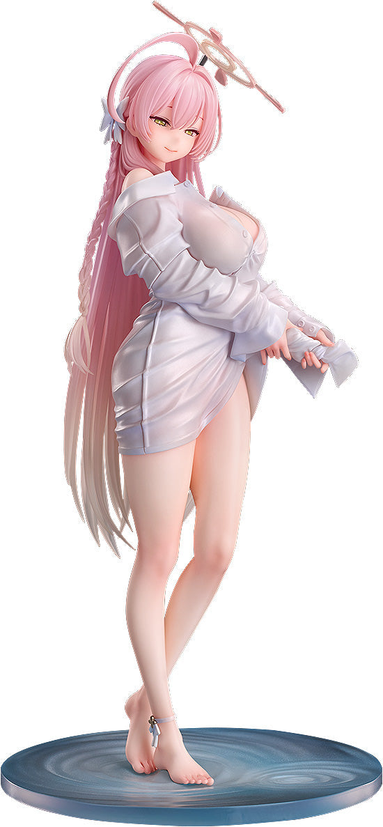 Front-left angle view of the Blue Archive Hanako Swimsuit Memorial Lobby 1/7 scale figure, standing on a water ripple base against a white background.