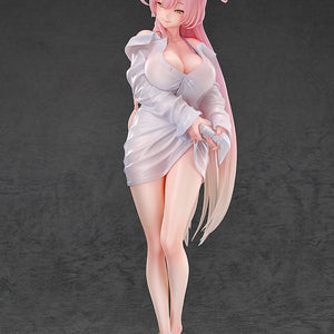Blue Archive Hanako figure holding the edge of her wet shirt, standing barefoot on the sculpted water ripple display base.