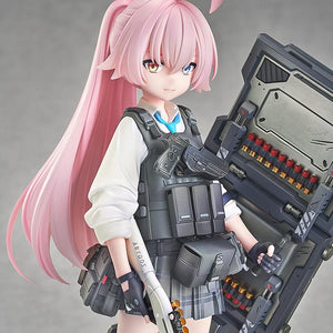 Portrait close-up of Hoshino in her battle outfit, showing her heterochromatic eyes and pink halo from Blue Archive.