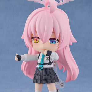 Articulated Hoshino Takanashi Nendoroid figure in a dynamic pose with her heterochromatic yellow and blue eyes visible.