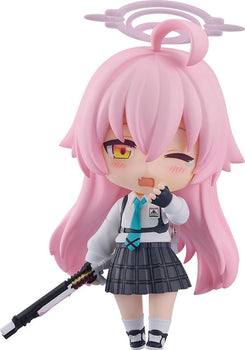 Hoshino Takanashi Nendoroid from Blue Archive featuring a pink-haired chibi figure with a yawning face plate and halo.
