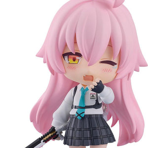 Hoshino Takanashi Nendoroid from Blue Archive featuring a pink-haired chibi figure with a yawning face plate and halo.