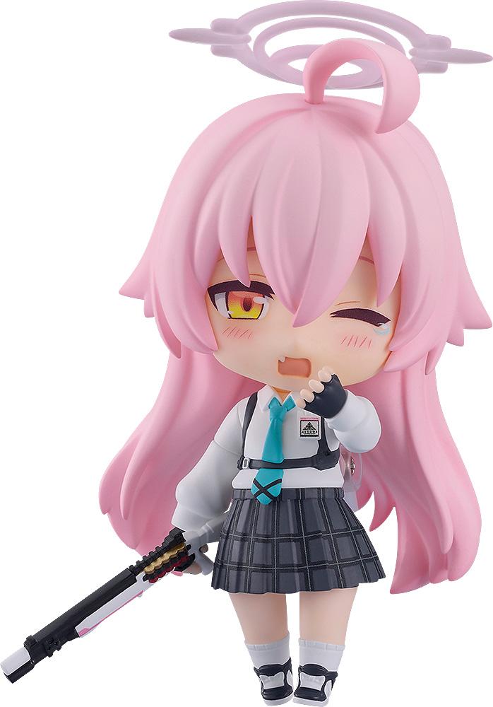 Hoshino Takanashi Nendoroid from Blue Archive featuring a pink-haired chibi figure with a yawning face plate and halo.