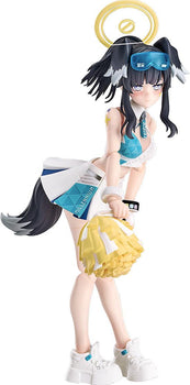 Full-body shot of the Hyper Body Hibiki (Cheer Squad) action figure leaning forward with a yellow cheerleader pom-pom.