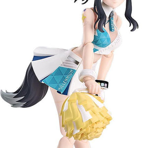 Full-body shot of the Hyper Body Hibiki (Cheer Squad) action figure leaning forward with a yellow cheerleader pom-pom.