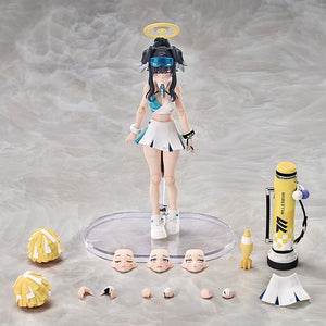 Product layout showing the Hibiki figure alongside four face plates, six additional hands, a mortar shell, and cheerleader accessories.