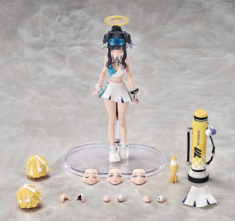 Product layout showing the Hibiki figure alongside four face plates, six additional hands, a mortar shell, and cheerleader accessories.