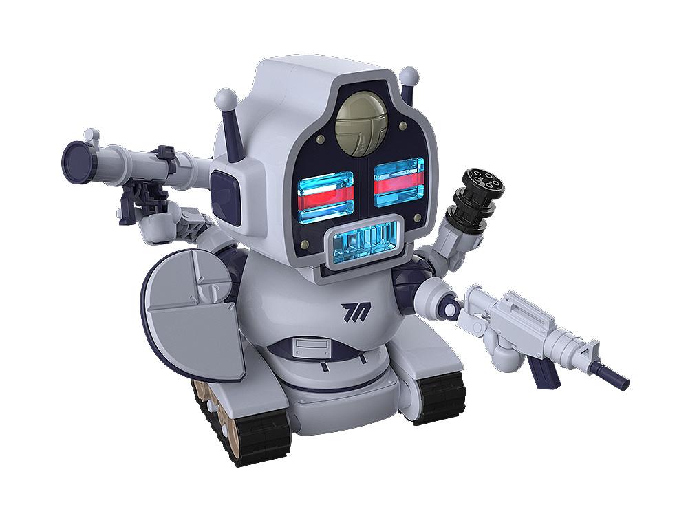 Side angle of the Avant-Garde-kun model kit equipped with various barrel-style and rifle-style weapon accessories.