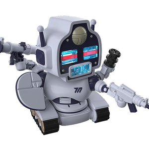 Side angle of the Avant-Garde-kun model kit equipped with various barrel-style and rifle-style weapon accessories.
