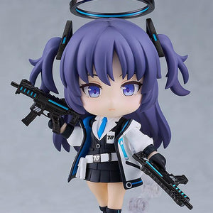 Studio shot of Yuuka Hayase Nendoroid with a neutral expression and her signature black and blue halo accessory.
