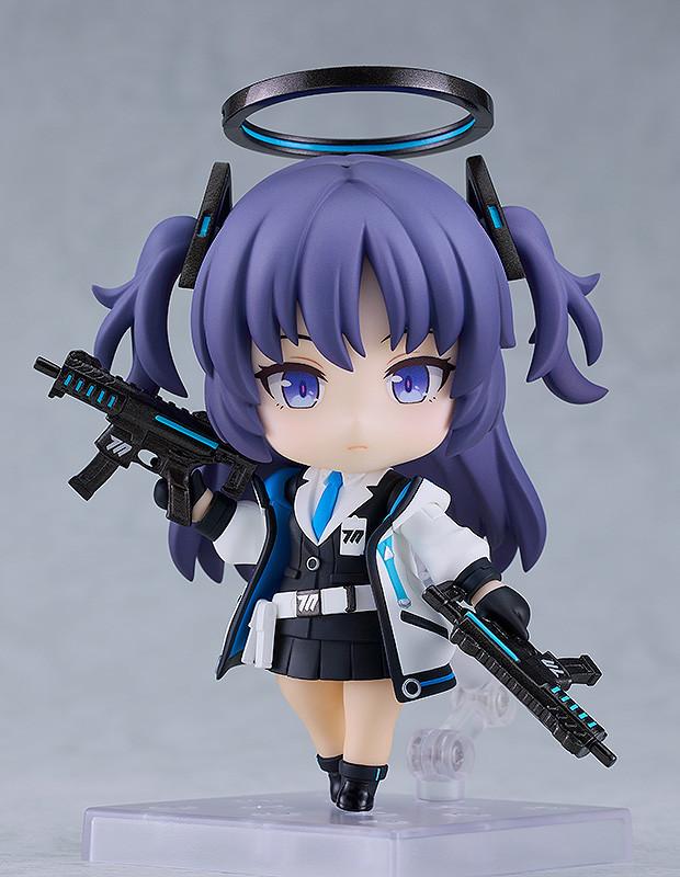 Studio shot of Yuuka Hayase Nendoroid with a neutral expression and her signature black and blue halo accessory.