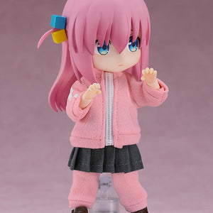 Collectible Bocchi Nendoroid Doll figure showcasing her classic layered outfit look with a grey pleated skirt worn directly over her pink tracksuit pants.