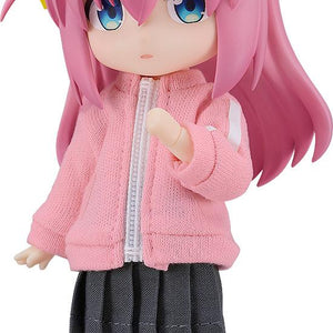 Nendoroid Doll Hitori Gotoh action figure from Bocchi the Rock! featuring her signature pink hair, blue hair clip, fabric pink tracksuit jacket, and grey pleated skirt.
