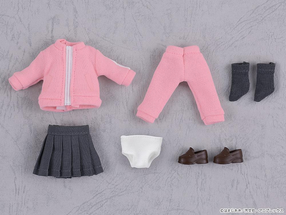 Overhead flat lay view of the complete Hitori Gotoh Nendoroid Doll fabric clothes set including the pink jacket, pants, grey skirt, white underwear, grey socks, and magnetic shoes.