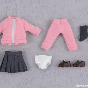 Overhead flat lay view of the complete Hitori Gotoh Nendoroid Doll fabric clothes set including the pink jacket, pants, grey skirt, white underwear, grey socks, and magnetic shoes.