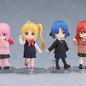 Group display featuring four Bocchi the Rock! Nendoroid Dolls standing together on their stands: Hitori Gotoh, Nijika Ijichi, Ryo Yamada, and Ikuyo Kita.