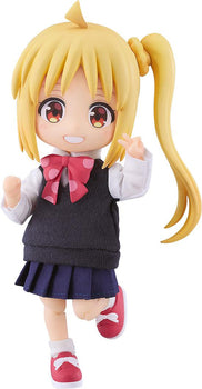 Full shot of the Bocchi the Rock! Nijika Ijichi Nendoroid Doll figure with blonde hair, a side ponytail, and a triangular ahoge, wearing a fabric school uniform and flashing a peace sign against a white background.