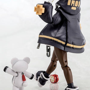 High-angle rear view of the Bridget Black Color Ver. model kit showing hoodie details and the white Roger bear figure from behind.