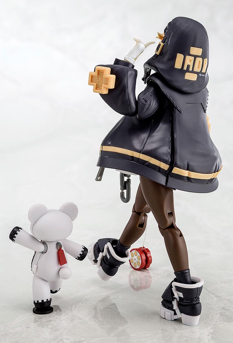 High-angle rear view of the Bridget Black Color Ver. model kit showing hoodie details and the white Roger bear figure from behind.
