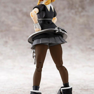 A low-angle rear view of the Bridget model kit focusing on the pleated skirt and oversized handcuff accessory around the waist.