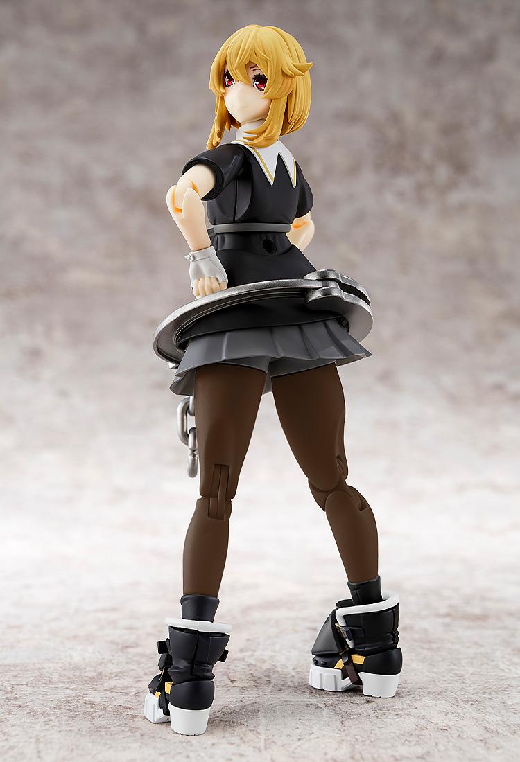 A low-angle rear view of the Bridget model kit focusing on the pleated skirt and oversized handcuff accessory around the waist.