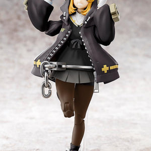 Front view of Bridget in her signature black and white outfit with an oversized hoodie, posing playfully on a clear display base.