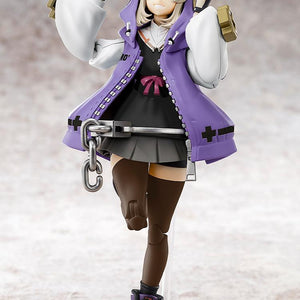 Front view of Bridget in her signature purple and black outfit with an oversized hoodie, posing playfully on a clear display base.