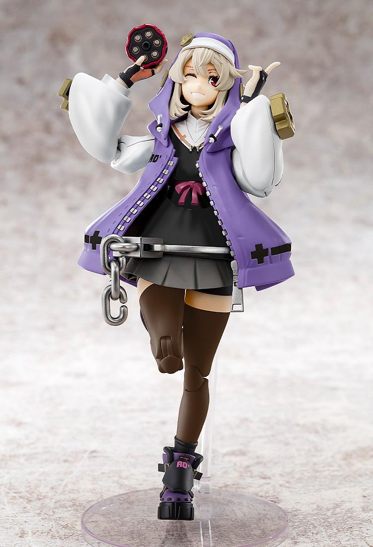 Front view of Bridget in her signature purple and black outfit with an oversized hoodie, posing playfully on a clear display base.