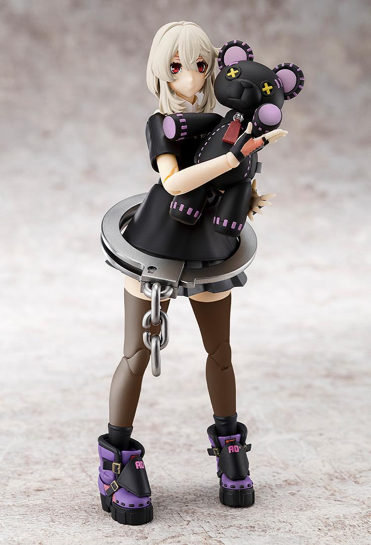 The Bridget plastic model holding the black Roger bear accessory, highlighting the interchangeable parts and poseability.