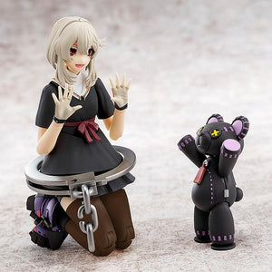 Bridget model kit sitting without her hoodie next to the Roger bear companion in a matching black and purple color scheme.