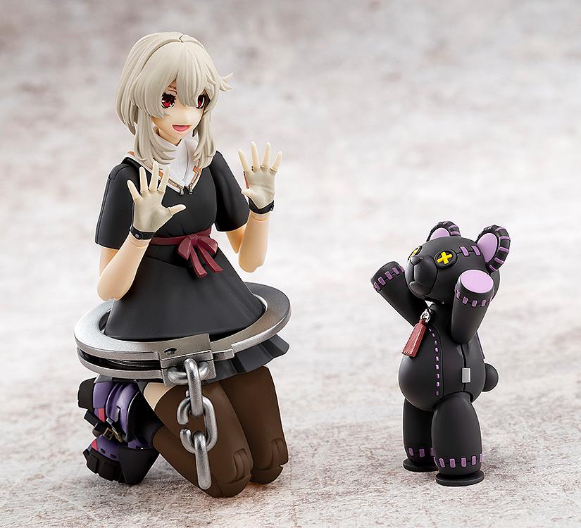 Bridget model kit sitting without her hoodie next to the Roger bear companion in a matching black and purple color scheme.