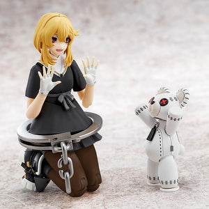 Bridget model kit sitting without her hoodie next to the Roger bear companion in a matching white and black color scheme.