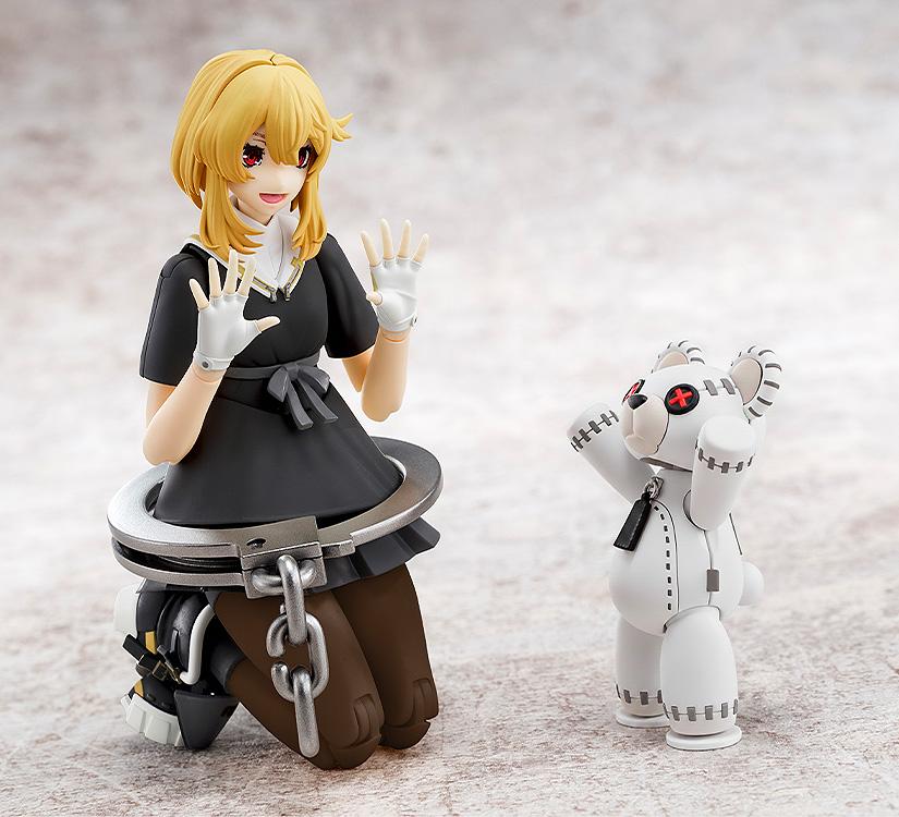 Bridget model kit sitting without her hoodie next to the Roger bear companion in a matching white and black color scheme.