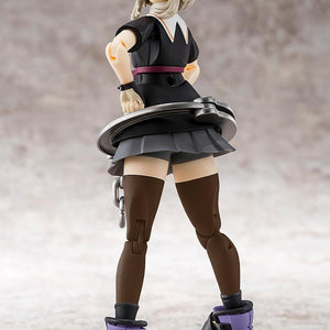 A low-angle rear view of the Bridget model kit focusing on the pleated skirt and oversized handcuff accessory around the waist.