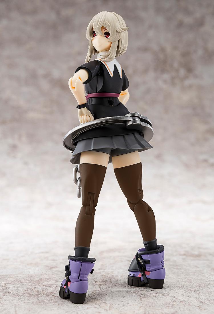 A low-angle rear view of the Bridget model kit focusing on the pleated skirt and oversized handcuff accessory around the waist.
