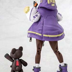 High-angle rear view of the Bridget Purple Color Ver. model kit showing hoodie details and the Roger bear figure from behind.