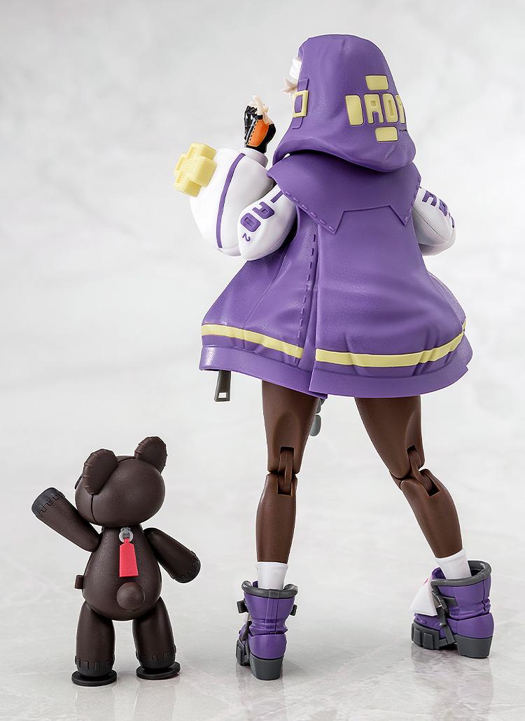 High-angle rear view of the Bridget Purple Color Ver. model kit showing hoodie details and the Roger bear figure from behind.