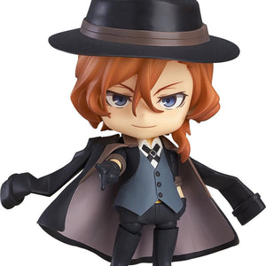 Nendoroid Chuya Nakahara figure from Bungo Stray Dogs wearing a black hat and coat in a confident pointing pose.