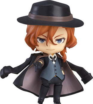 Nendoroid Chuya Nakahara figure from Bungo Stray Dogs wearing a black hat and coat in a confident pointing pose.
