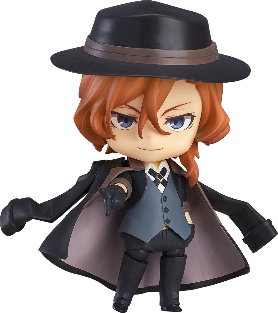 Nendoroid Chuya Nakahara figure from Bungo Stray Dogs wearing a black hat and coat in a confident pointing pose.