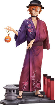 Front view of the 1/7 scale Chuya Nakahara figure in a purple yukata holding a water balloon and wearing a black hat.