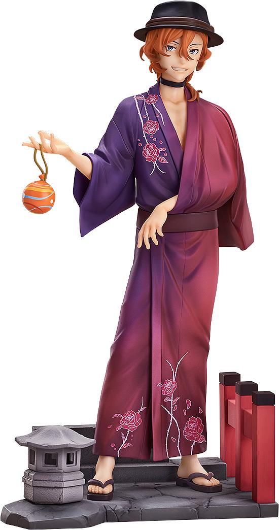 Front view of the 1/7 scale Chuya Nakahara figure in a purple yukata holding a water balloon and wearing a black hat.