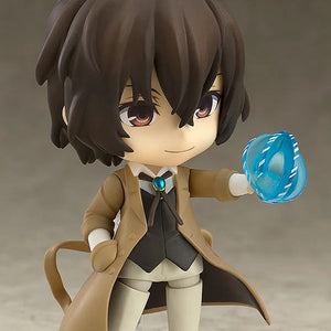 Nendoroid Osamu Dazai figure with the standard expression, holding the translucent blue effect part representing his ability, "No Longer Human."