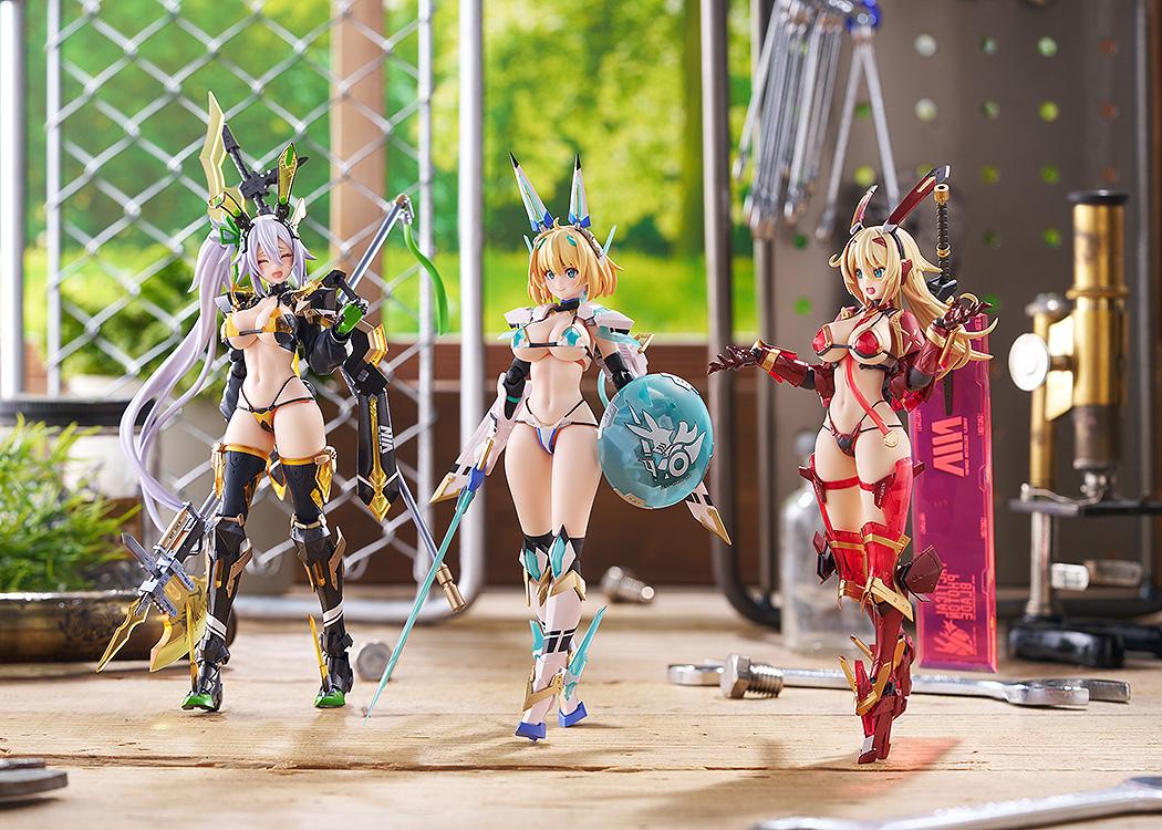 Group display of three Bunny Suit Planning figma action figures, including Silva Barrelline, posed together on a wooden workbench inside a detailed workshop diorama.