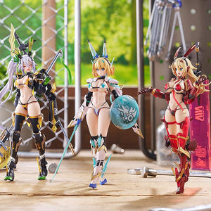 Group display of three Bunny Suit Planning figma action figures, including Silva Barrelline, posed together on a wooden workbench inside a detailed workshop diorama.