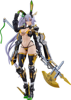 Full-body front view of the Bunny Suit Planning Silva Barrelline figma action figure in yellow and black bikini armor holding a Photon C halberd on a white background.