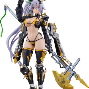 Full-body front view of the Bunny Suit Planning Silva Barrelline figma action figure in yellow and black bikini armor holding a Photon C halberd on a white background.