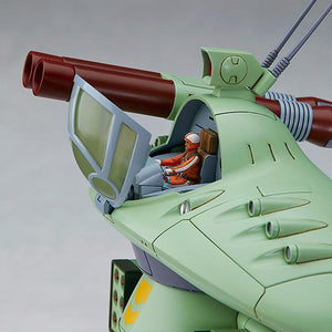 Close-up side view of the Cabarov AG9 Nicholaiev model kit with the translucent green cockpit hatch open, revealing the pre-painted pilot figure inside the seat.